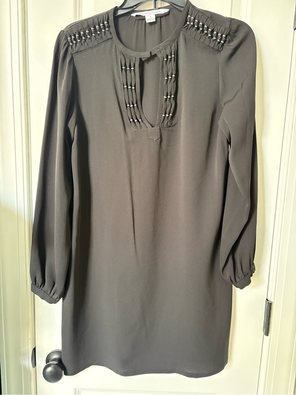 Diane Von Furstenberg Black Long-Sleeve Shift Dress with Silver bead accents 0